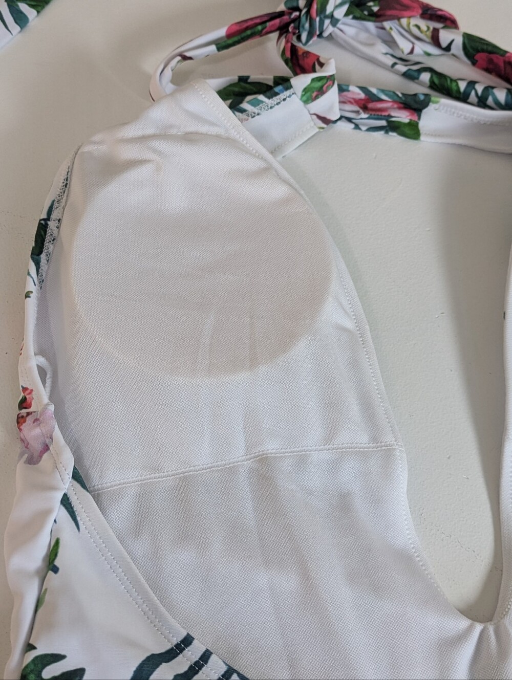 Floral Womens Swimwear Size L Halter Neck Monokini Tropical White Green Cut Out - Picture 9 of 11